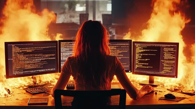 A woman sitting at a desk with multiple computer screens on fire, coding intensely while surrounded by flames. Stressful work environment.