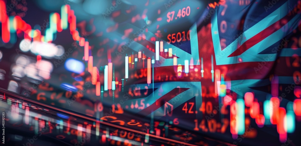Aufkleber british flag in background of dynamic stock market data with financial charts and numbers overlay. c