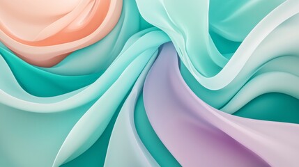 An abstract painting featuring fluid, rhythmic shapes in vivid, calming tones of soft blues, greens, and warm oranges, the shapes flowing gently across the canvas