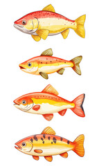 Various fish illustration on a white background isolated, featuring a cartoon aquatic design with fins and marine details