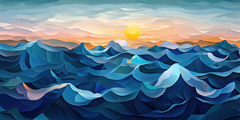 Fototapeta premium Ocean waves art background illustration, blue water sea pattern artwork backdrop, painting stylistic oceans, generated ai