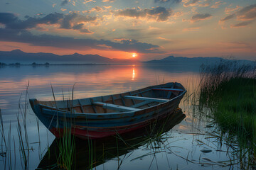 Fototapeta premium Fishing boat on the lake at sunset.,canoe on lake Golden Reflections Tranquil Lakeside Sunset,Tranquil wooden boat reflection on peaceful lake at dawn, capturing the beauty of serene nature,