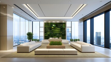 Fototapeta premium Modern office interior with green wall, spacious seating, and large windows showcasing a city view.