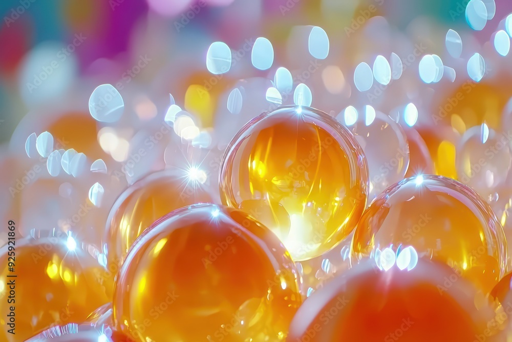 Poster a vibrant close-up of luminous orange spheres reflecting light, creating a captivating and colorful 