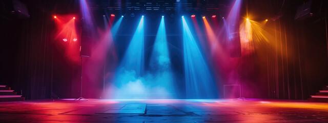 Empty stage with colorful spotlights and mist creating a dramatic ambiance. Concepts of performance, theater, and spectacle.