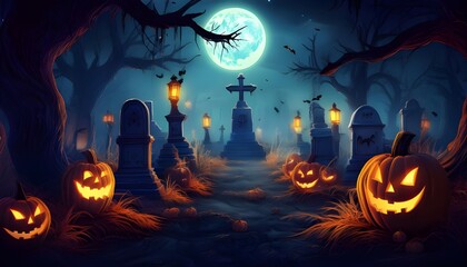 Pumpkins In Graveyard In The Spooky Night - Halloween Backdrop