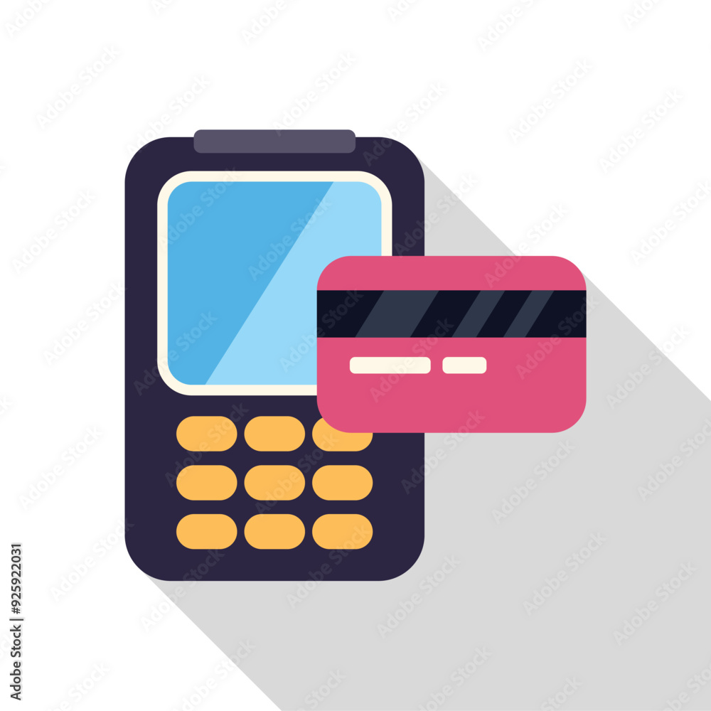 Poster credit card being processed by a pos terminal with buttons for payment