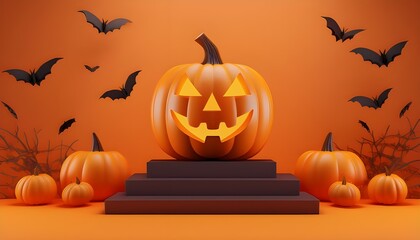 Happy Halloween day. Orange pumpkin scary face smile jack