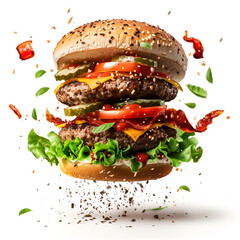 Burger isolate on white background. Delicious hamburger with flying ingredients isolated on white background. Tasty burger food with many different ingredients flying on white background. 