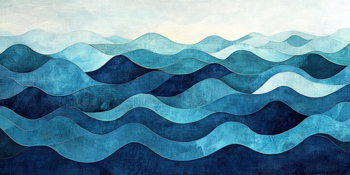 Ocean waves art background illustration, blue water sea pattern artwork backdrop, painting stylistic oceans, generated ai