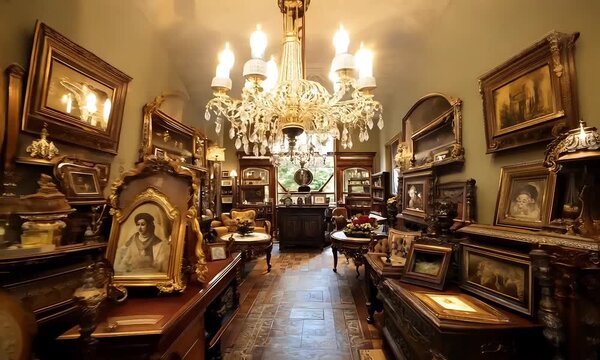 Discover a beautifully arranged antique shop filled with unique vintage items and intricate decor in a charming, historic environment.