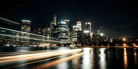 Fototapeta premium captures the vibrant nightlife of New York City, with the city's iconic skyline illuminated by towering skyscrapers and the radiant glow of streetlights reflecting off the water