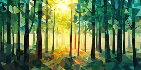 Fototapeta premium Forest background illustration art, artistic woodland abstract style, nature cubism Impressionism artwork woods tree patterns, generated ai
