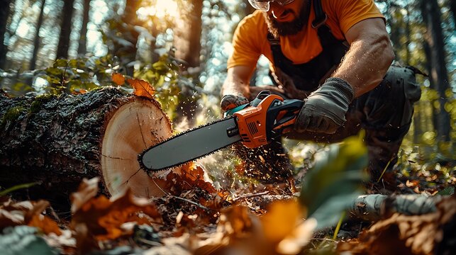 Tree cutting with a chainsaw and axe, complemented by pruning shears, in a well-maintained forest area.