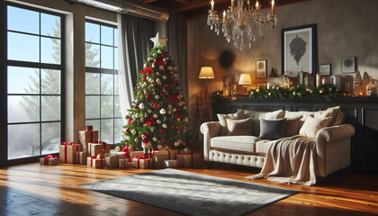 Living room with wooden floor, decorated Christmas tree and gift packages
