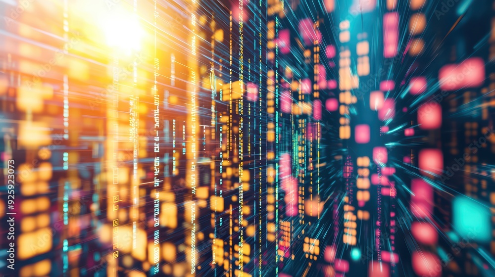 Poster abstract digital background featuring vibrant light streaks and glowing particles, representing data
