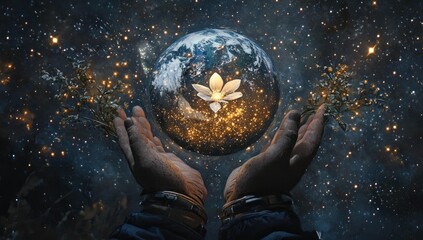 Obraz premium Hands holding glowing Earth with flower and stars.