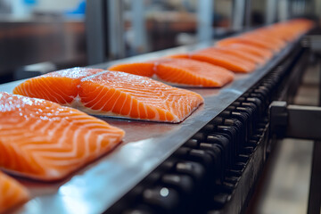 Conveyor belt is moving the fillet along the processing line. Industrial food production concept. Fresh salmon fillet on a conveyor belt in a fish processing plant.