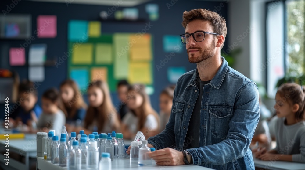 Poster a teacher conducts an engaging science demonstration with students attentively observing, surrounded