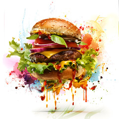 Burger isolate on white background. Delicious hamburger with flying ingredients isolated on white background. Tasty burger food with many different ingredients flying on white background. 