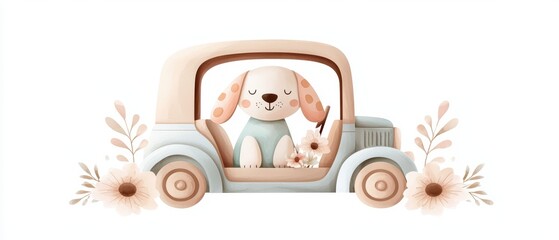 Obraz premium Charming illustration of a happy dog in a vintage car surrounded by flowers, perfect for pet lovers or whimsical designs.