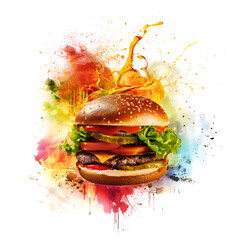 Burger isolate on white background. Delicious hamburger with flying ingredients isolated on white background. Tasty burger food with many different ingredients flying on white background. 