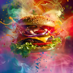 Spinning burger against a background of abstract color splashes. Exploding cheeseburger sandwich. Tasty burger food with many different ingredients flying on white background. Burger isolate on white 