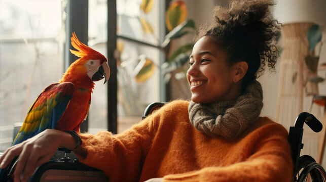 Woman in wheelchair smiling at colorful parrot indoors with plants in the background. Concepts of companionship, inclusivity, and nature appreciation.