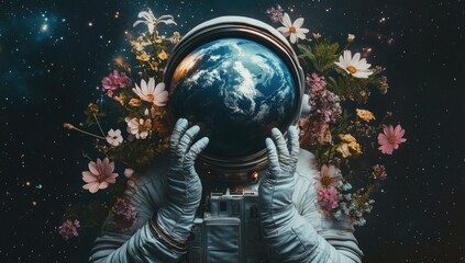 Astronaut with earth and flowers in space.