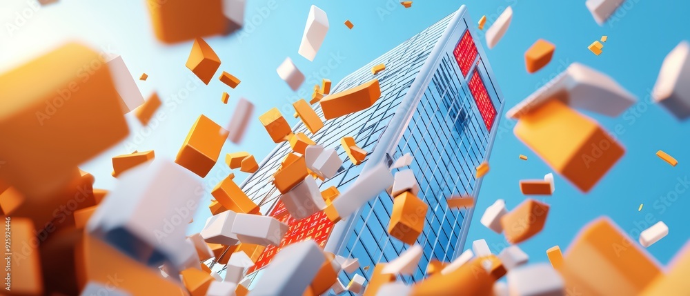 Poster dynamic abstract scene of a skyscraper with colorful blocks in motion, symbolizing modern architectu