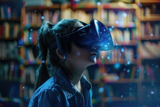 Young girl wearing VR headset with glowing effects in a library setting. Concepts of virtual reality, education, and immersive technology.