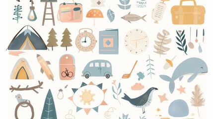 Set of holiday elements travel decoration watercolor decoration