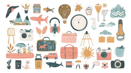 Set of holiday elements travel decoration watercolor decoration