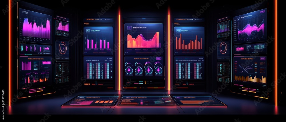 Poster futuristic dashboard showcasing vibrant data visualizations and analytics, perfect for tech and busi