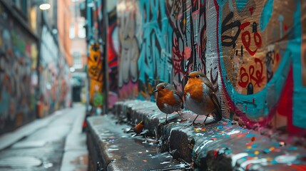 Obraz premium Two robins sitting on a colorful graffiti wall in a narrow city alleyway with urban textures.