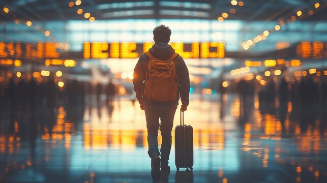 A traveler stands alone with a suitcase, gazing at the dazzling lights and crowds of an airport, filled with anticipation for their journey ahead