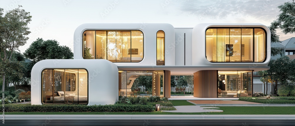 Poster modern architectural design showcasing a sleek house with large windows and a unique shape in a sere