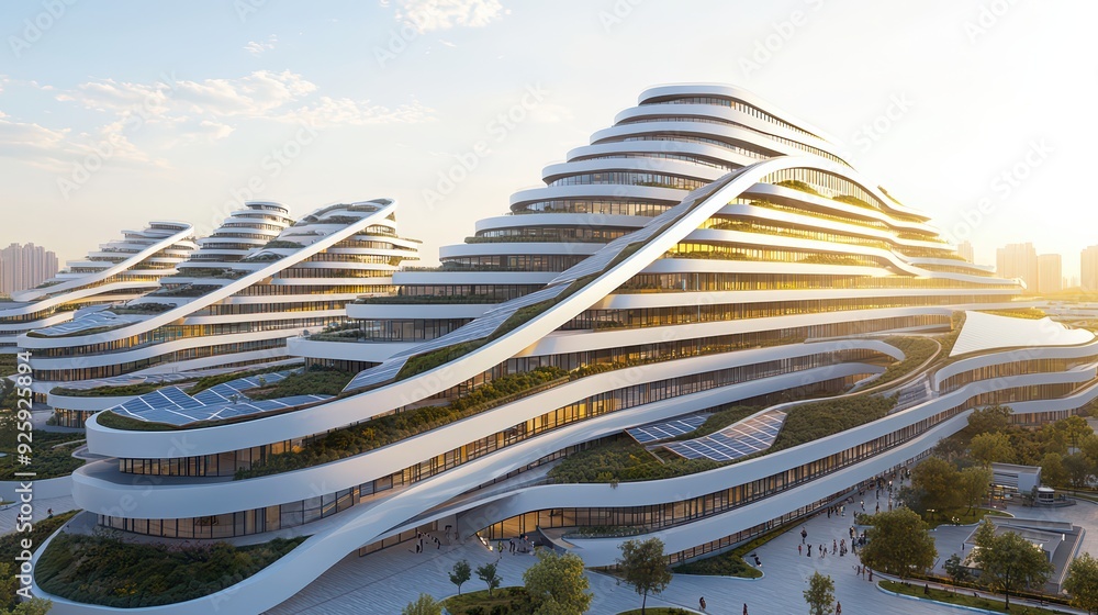 Poster modern architecture showcases innovative design with flowing curves and green spaces, reflecting sus