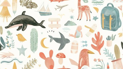 Set of holiday elements travel decoration watercolor decoration