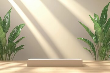 Minimalist indoor space featuring a display platform and lush foliage, perfect for product presentation or tranquil decor.