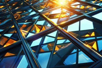 Modern architectural glass showcasing intricate patterns and reflective surfaces illuminated by sunlight.