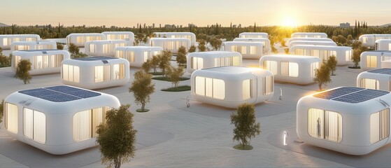 Naklejka premium Modern eco-friendly housing in a tranquil setting, featuring innovative design and sustainable energy solutions.