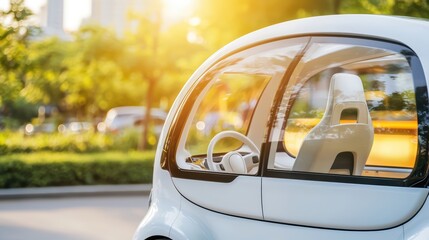 Naklejka premium Modern electric vehicle showcasing a sleek design amidst bright sunlight and greenery, perfect for eco-friendly concepts.