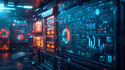 Futuristic data center with bright neon lights and advanced digital interfaces on multiple screens. Concepts of technology, cybersecurity, and high-tech innovation.