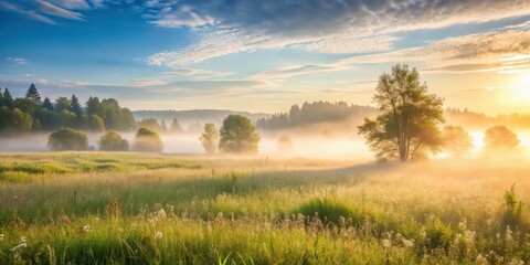 Obraz premium Misty morning meadows with soft light and fresh air , meadow, mist, morning, landscape, vibrant, fresh, rejuvenated, nature