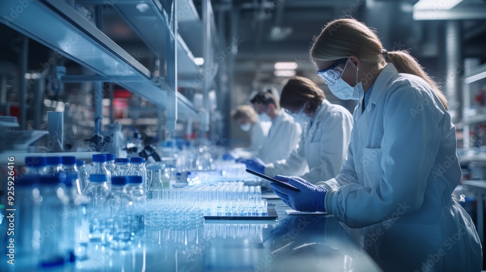Poster A team in lab coats utilizes tablets to examine data while conducting experiments in a bright, high-tech laboratory setting