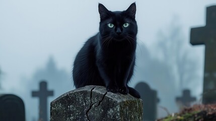Black cat with a haunted expression, sitting on a cracked tombstone in a misty graveyard, dark gothic style, eerie lighting, high contrast