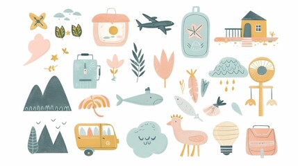 Set of holiday elements travel decoration watercolor decoration