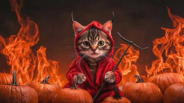 Halloween cat in a devil costume, complete with tiny horns and a pitchfork, surrounded by flames and pumpkins, dark tones, high detail