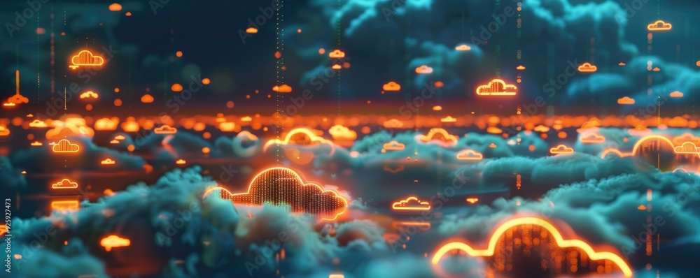 Poster glowing orange and blue digital cloud icons floating among fluffy clouds in a futuristic sky. repres